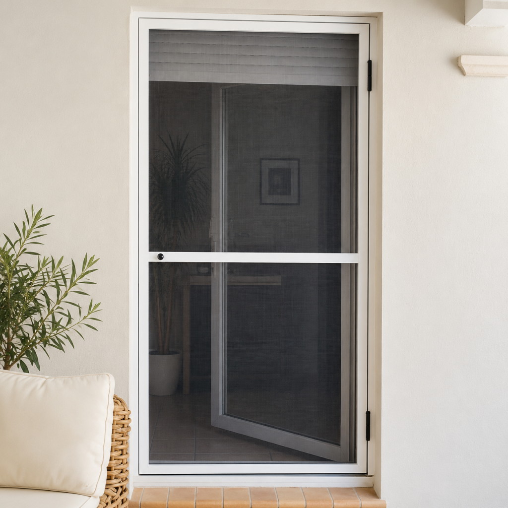 Porte moustiquaire blanche avec écran noir et volet roulant intégré