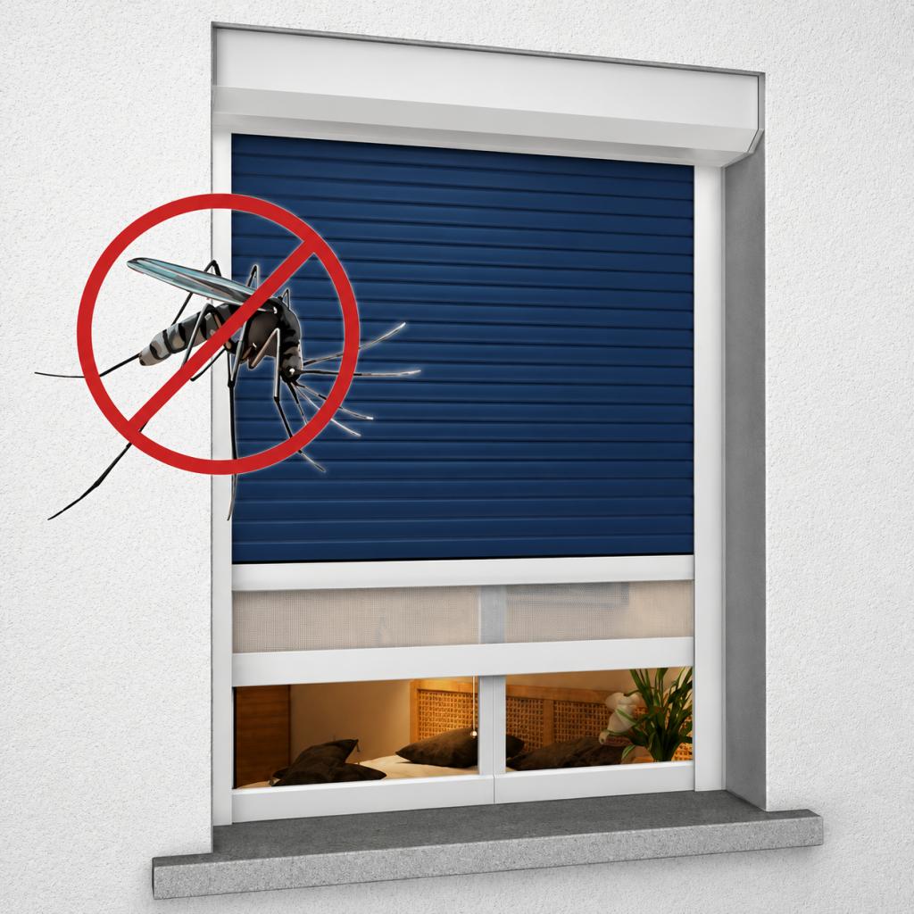 Moustique interdit devant fenêtre avec store bleu