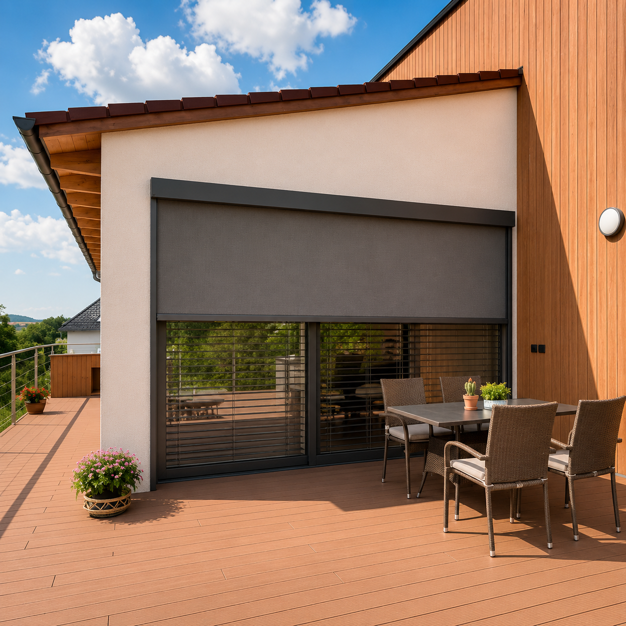 Maison moderne avec terrasse bois, baie vitrée et volets roulants fermés